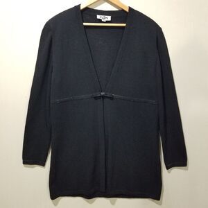ST. JOHN Santana Knit Sweater Size 14 Black V-Neck Center Bow Clasp Long Sleeve